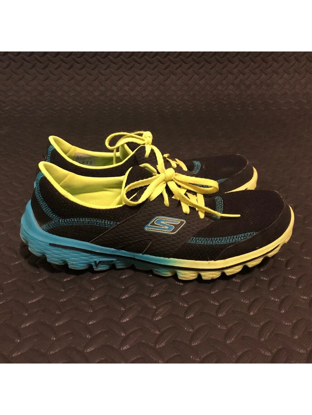 Skechers Womens Go Walk Black Blue Neon Yellow Lightweight Athletic Sneakers 9
